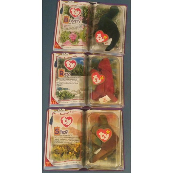 McDonald's Other - TY Teenie Beanie Babies  McDonalds Dinosaur‎ Trio Rex Steg Bronty 2000 NIP